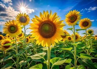 Vibrant yellow sunflowers with bright green leaves and sturdy stems stand tall in a lush green field under a clear blue sunny sky.