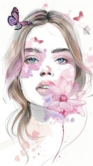 Naklejka premium A girl with butterflies in her hair, blue eyes, a pink flower in her mouth, and pink and purple watercolor stains on her face.