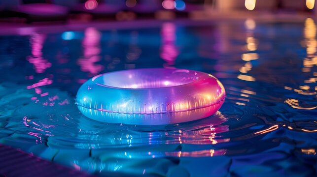 Close-up shot of an LED-lit pool float, illuminating the water with vibrant colors. The floats intricate details are visible in the soft light