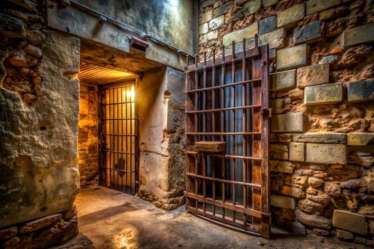 Rusty iron bars and decaying stone walls confine a dimly lit, abandoned jail cell with a worn wooden door and a small, barred window.