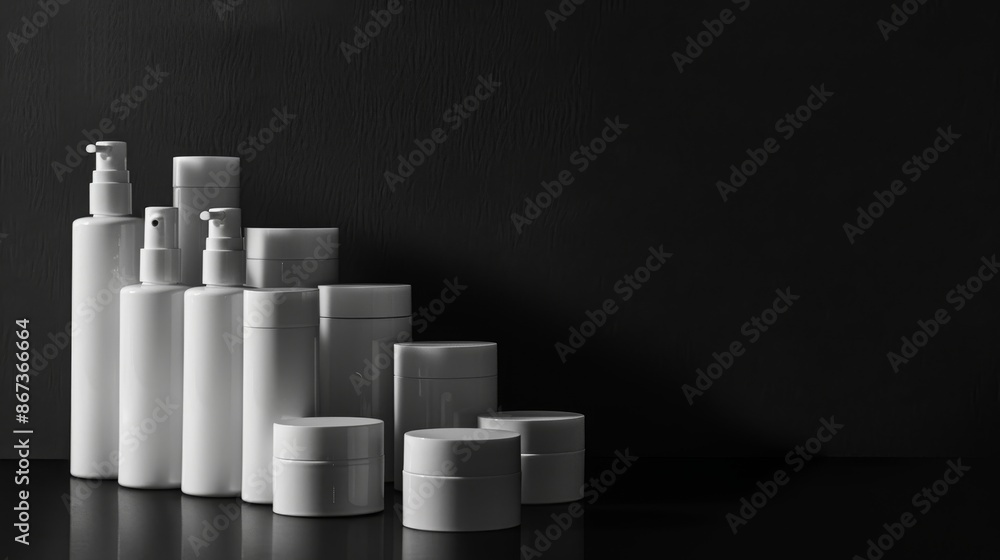 Poster a close-up view of a collection of matte white skincare bottles arranged neatly on a sleek black ref