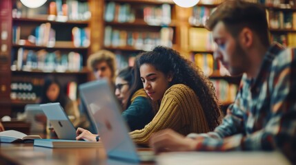 A group of college students are focused on their studies in a library, surrounded by books and laptops