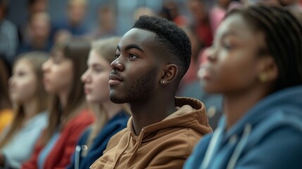 A closeup of diverse college students listening intently to a professor in a lecture hall setting