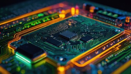 Obraz premium Closeup of a Circuit Board With Orange and Green Lighting