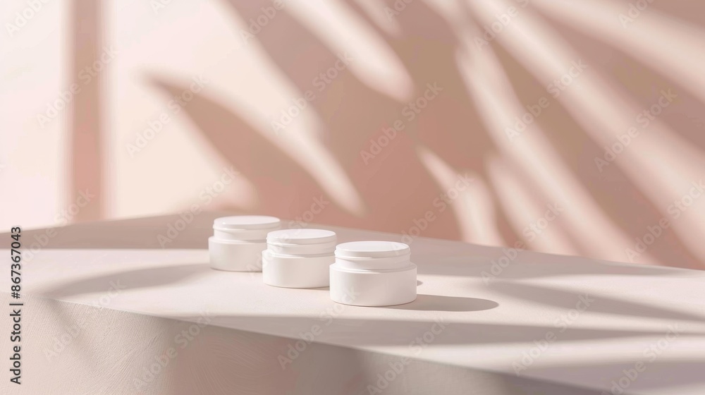 Poster three white cosmetic jars are arranged symmetrically on a soft pastel-colored background. the jars a