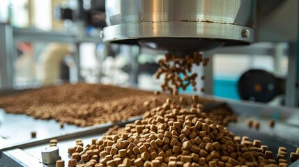 Close-up of pet food manufacturing line capturing pellets being discharged from machine, creating cascading effect