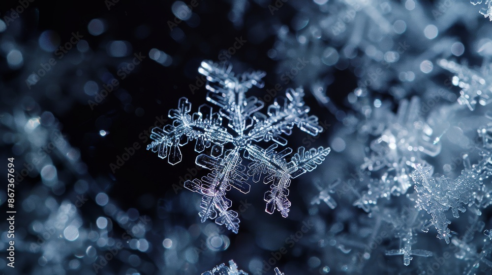 Poster a close-up photograph of a delicate snowflake melting on a dark background. the intricate details of