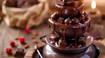 A close-up of a chocolate fountain with melted chocolate dripping down the tiers. Theres copy space on the right side of the image