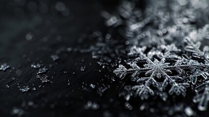 A close-up photograph of a snowflake melting on a dark surface. The intricate details of the snowflake are visible, as well as the water droplets forming as it melts