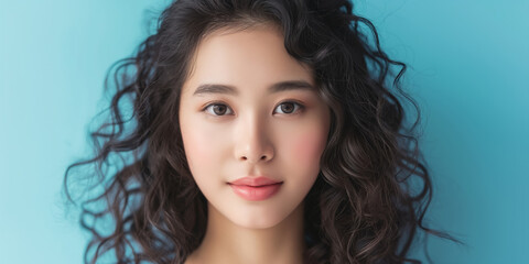 Naklejka premium A cheerful Asian lady with a fresh hairstyle and a captivating smile in an outdoor setting.