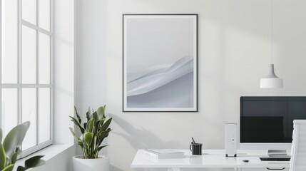 A modern office interior featuring a minimalist poster mockup on a white wall, a desk with a computer, a plant, and natural light