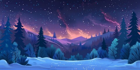A tranquil winter scenery with snowy mountains and a starry sky, capturing the essence of calm.