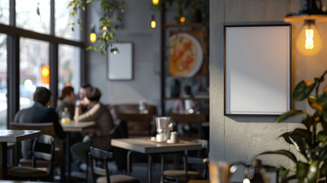 A framed poster mockup on a cafe wall, with patrons sitting at tables in the background. The cafe interior is warm and inviting, with exposed brick walls and warm lighting