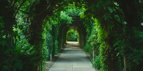 A lush garden path with green foliage and trees creates a scenic and tranquil nature walk.