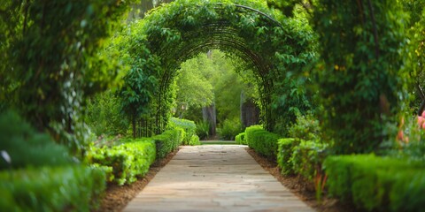 Fototapeta premium A decorative garden arch frames a lush path surrounded by greenery, flowers, and summer foliage.