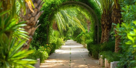 Fototapeta premium A lush garden corridor features a palm arch and tropical foliage, creating a scenic and inviting walkway.