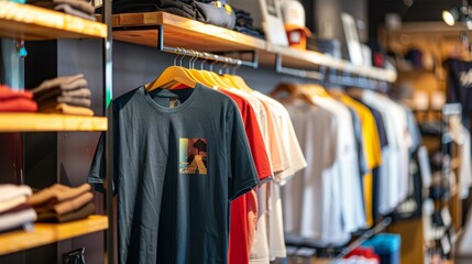 A wide shot of a retail store display rack featuring various T-shirt designs. A blue T-shirt with a graphic print is prominently displayed
