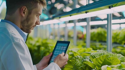 Experienced Male Biotechnologist Inspecting Crops on Advanced Vertical Farm. Man Using Tablet Device Cultivates Natural Produce or Flora In State-of-the-art Glasshouse. 