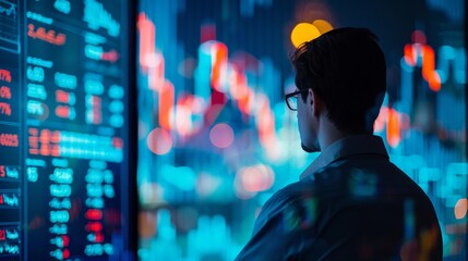 Financial analyst reviewing historical market data on a large screen at night