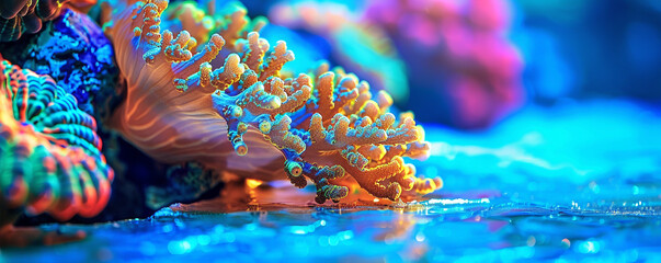 Living coral, on a beautiful blue neon gold foil sheet of metal