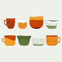 A set of simple ceramic cups made by hand on a potter's wheel. Vector illustration in flat style