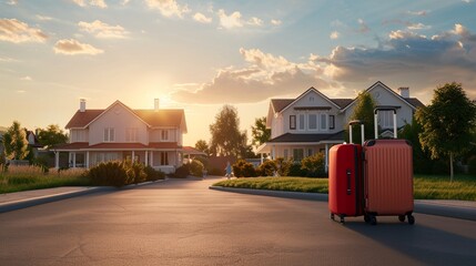 Smiling young family with suitcases leaving home, photorealistic, bright sunny day, suburban neighborhood, casual clothing, realistic shadows, clear skies