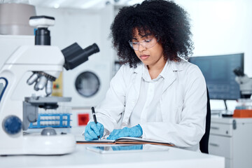 Woman, microscope and writing research in laboratory, experiment and innovation study for vaccine...
