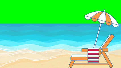 Obraz premium Summer marine background with sandy seahore, transparent water and sea foam & Beach Chair with towel and umbrella vector illustration design on a green screen 
