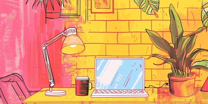 Innovative shared workspace. Contemporary halftone montage with sketch elements. Desk with computer, light and java.