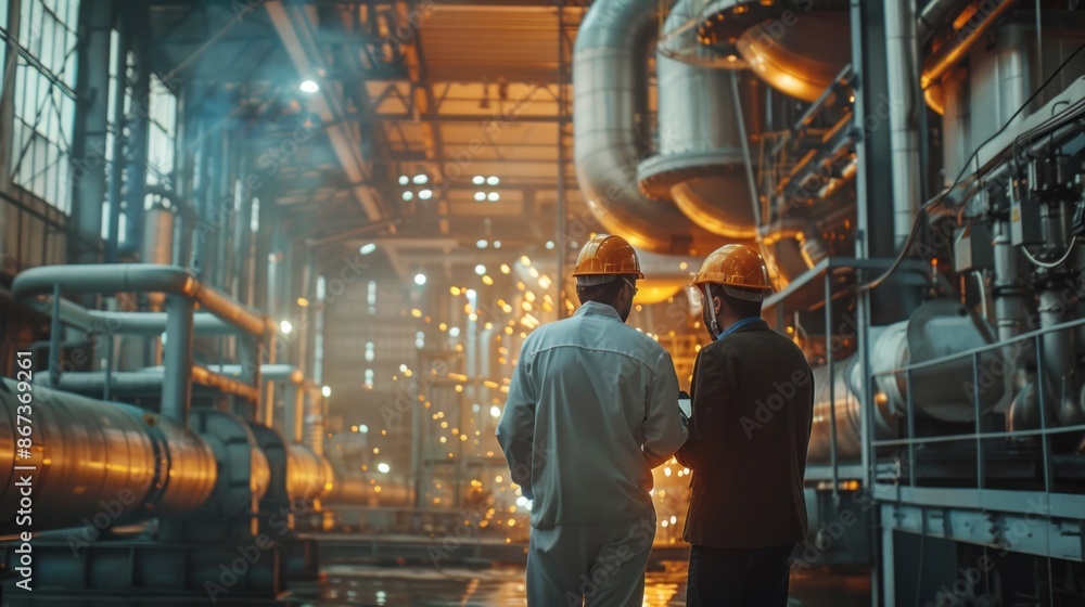 Poster Two workers in hard hats stand in front of large industrial machinery in a factory setting