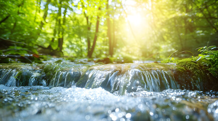 Sunlit Serenity: A Close-Up of a Tranquil Waterfall