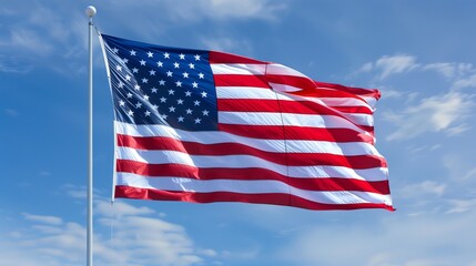 Obraz premium The American flag flying high, its colors vivid and striking, with a flawless blue sky enhancing its beauty and symbolism.