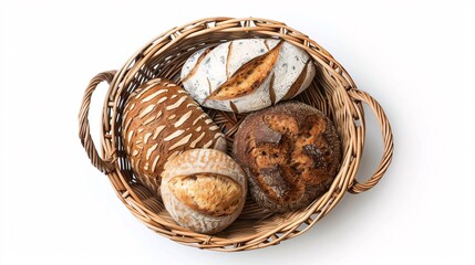 Handwoven basket filled with various types of freshly baked bread, photographed from above on a white background.