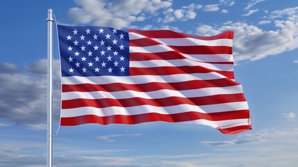 The American flag flying proudly at full mast, its stars and stripes beautifully defined against a pristine blue sky.