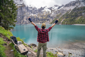 oeschinensee is the place where the tourist came to walk trek hike camp and picnic .there is many beautiful and amazing view point to take photo , kandersteg Switzerland  