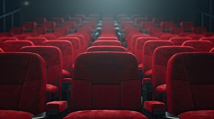Fototapeta premium Rows of empty red theater seats in a dimly lit movie theater
