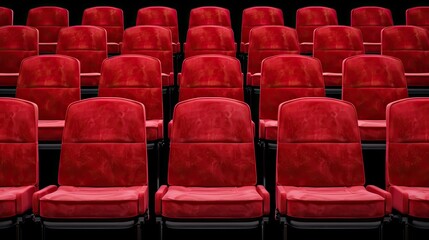 Rows of empty red theater seats in a dimly lit movie theater