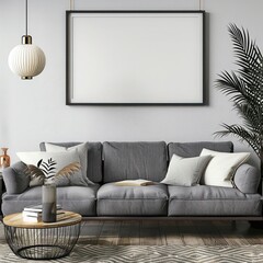 Contemporary Interior Design with Empty Black Frame Mockup Over Modern Couch, Ideal for Interior Decor and Presentation Purposes