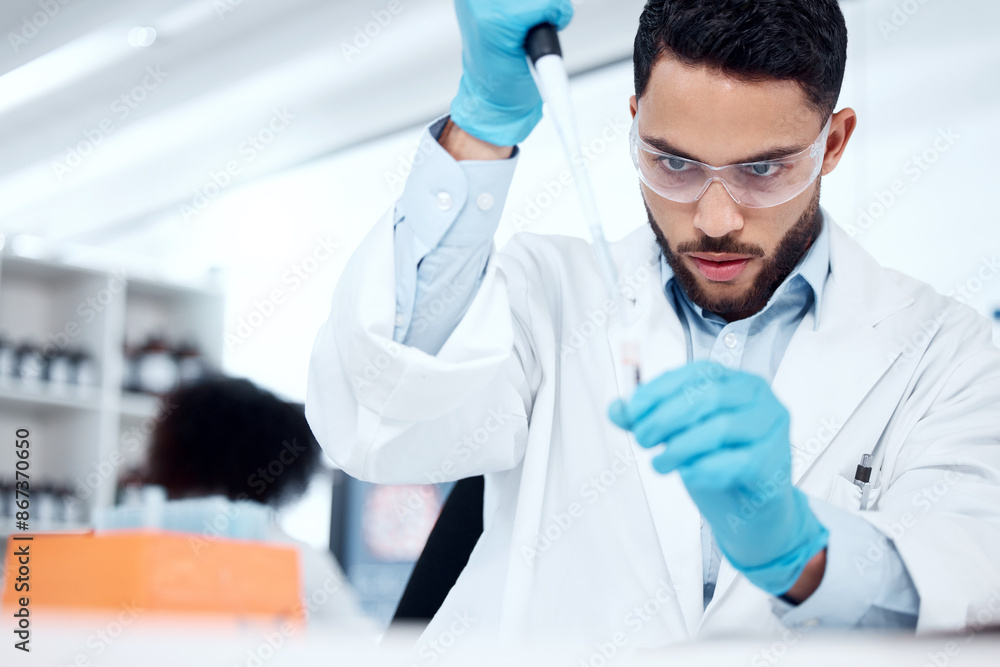 Poster man, scientist and lab with pipette for medicine or science research, investigation and study. healt