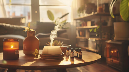Fototapeta premium Aromatherapy session with essential oils diffusing in a beautifully decorated room, creating a calm and inviting atmosphere