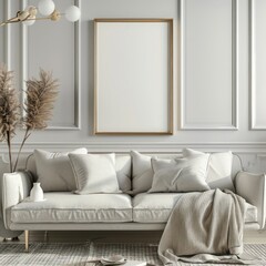 Blank poster frame mockup on the sofa in a stylish, modern living room, ideal for displaying creative work