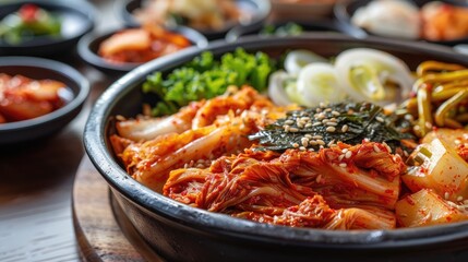 Korean Restaurant Kimchi Vegetables as Side Dish on Wood Table