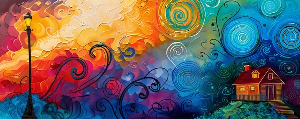 Obraz premium Colorful abstract painting showing a house standing on a hill with a street lamp in the foreground and a vibrant sky with swirls of paint in orange, yellow, blue and green