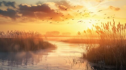 Obraz premium Golden Sunset over Tranquil Marshland