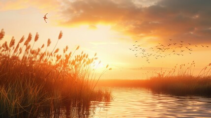 Naklejka premium Golden Sunset over Tranquil Marshland