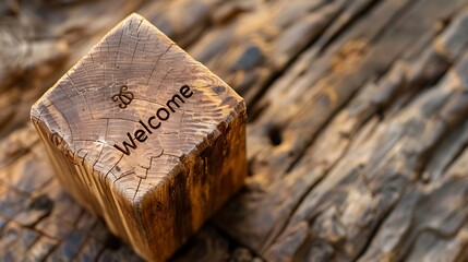 Top view of a wooden cube with "Welcome" engraved on it, placed on a wooden background
