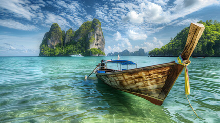 
Thai wooden boat on the coast of the Andaman Sea. Phi Phi islands in Krabi are some of the loveliest in SE Asia. Is a group of 6 islands. You can do a boat trip in
