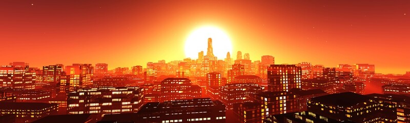 Evening city, skyscrapers at sunset, panorama of the city in the evening in the sun, 3D rendering