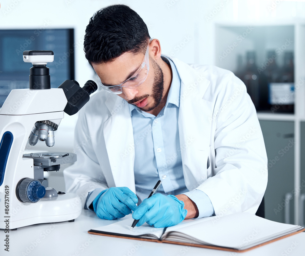 Poster Man, microscope and writing research in laboratory, experiment and innovation study for vaccine development. Science, notes and hypothesis for medical researcher, biotechnology and engineering
