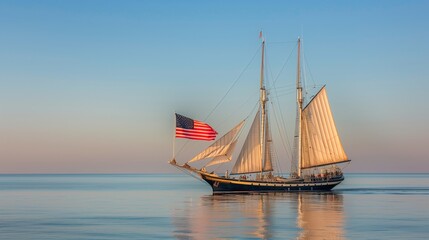 An American flag flying on a tall mast of a historic sailing ship, with a calm sea and clear sky in the background.